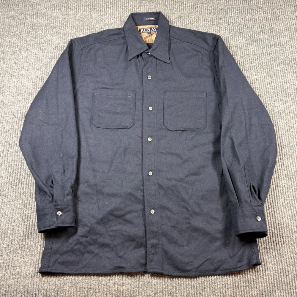 Replay Shirt Men's XL Navy Blue Wool Blend Button Up Made In Italy Long Sleeve